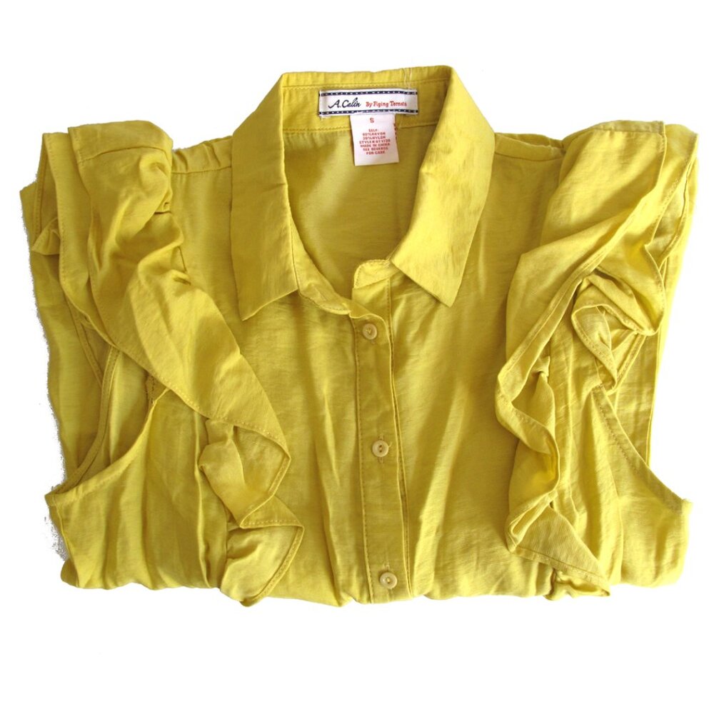 FLYING TOMATO Blouse Size SMALL Flutter Sleeve yellow mustard Style AT1738